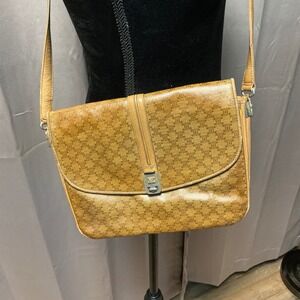 Vintage Celine Macadam Monogram Canvas Leather Trim Crossbody Bag Tan Classic